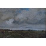 British School, late 19th Century, a pastoral landscape with cattle and storm clouds gathering,