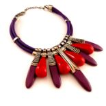 Debraine, a modernist limited edition purple and red galalith and silver metal necklace