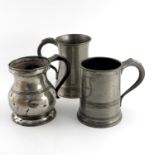 Three 19th Century pewter 1 quart measures with various verification marks, pub names and makers'