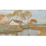 Ferenc Olgyay (Hungarian, 1872-1939), a riverside cottage, inscribed on exhibition label verso,