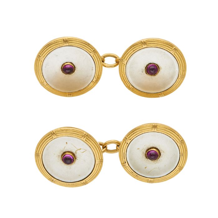 A pair of mid 20th century gold, mother-of-pearl and pink sapphire cufflinks