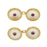 A pair of mid 20th century gold, mother-of-pearl and pink sapphire cufflinks