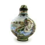 A Chinese enamel snuff bottle and stopper, of bombe form, the frieze decorated with a European