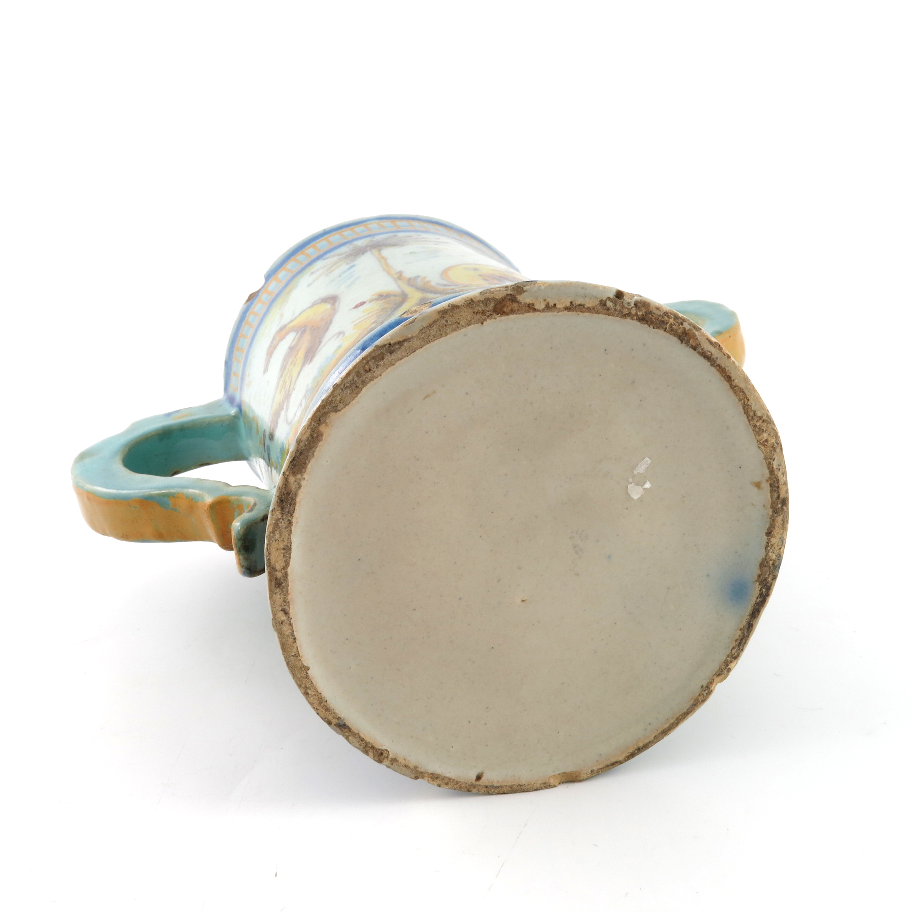 An Italian maiolica loving cup, late 18th/early 19th Century, of silver shape painted in typical - Image 6 of 6