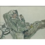British School, mid 20th Century, study of a seated man smoking a pipe, oil on board, 35 by 39cm,