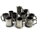 Ten 19th Century pewter 1/2 pint measures of various form, with pub names and verification marks (
