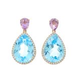 A pair of 18ct gold blue topaz and diamond drop earrings