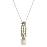 An early 20th century platinum, natural pearl and diamond pendant, with chain