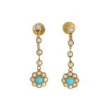 Murrle Bennett & Co., a pair of 9ct gold, turquoise and pearl cluster drop earrings