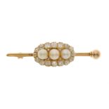 An early 20th century gold, natural pearl and diamond cluster brooch
