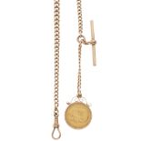 An Edward VII gold full sovereign coin pendant, with Albert chain
