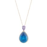 An 18ct gold blue topaz, amethyst and diamond drop pendant, with chain