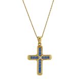 An 18ct gold sapphire and diamond cross pendant, with chain