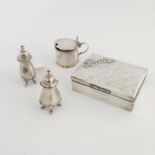 A George V silver bridge box, drum mustard pot and pair of salt and pepper pots
