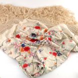 A Silk fringed piano shawl with silk embroidered flowers and leaves, ivory ground