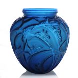 Rene Lalique, a Sauterelles electric blue glass vase