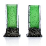 Daum, a pair of silver mounted carved glass iris vases