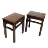 A pair of Chinese hardwood occasional side tables, 19th Century, rectangular crossbanded tops,