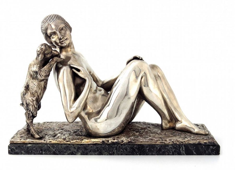 Germaine Oury Desruelles, Fille at Chevre, an Art Deco silvered bronze figure group, circa 1925,