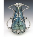 Loetz for Boudon and Klahr, a Secessionist glass Cobalt Papillon iridescent glass and pewter mounted