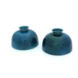 A pair of Chinese circular squat vases, electric blue mottled glazed, 9cm high (2)