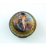 A late 19th Century Vienna trinket box, of circular form, the domed hinged cover painted with Psyche