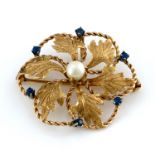 A 14 carat gold, pearl and sapphire brooch