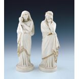 A pair of 19th Century Parian ware figures, Euterpe and Thalia, gilt detailing, circular plinths,