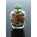 A Chinese clear glass snuff bottle, internally painted with a Geisha holding a fan in a landscape,