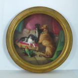 An English porcelain circular plaque, painted with The Royal Pets after Landseer, signed James Rouse