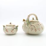 A Belleek first period Grass kettle and covered sugar bowl