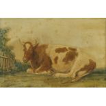 T..Baker (British, late 19th Century), a prize cow recumbent in a field landscape, signed l.r.,