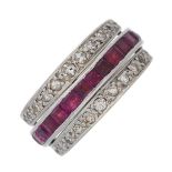 An Art Deco platinum, sapphire, ruby and diamond swivel ring