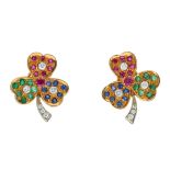 A pair of 18ct gold and platinum, multi-gem shamrock earrings
