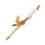 An early 20th century 15ct gold, pink sapphire and enamel pheasant brooch