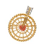 Cartier, a mid 20th century 18ct gold and platinum, coral heart and diamond target brooch
