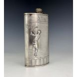 Sporting Interest, a large silver plated and enamelled hip flask, Evans, Nickel Silver circa 1910