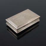 A Victorian silver snuff box, Yapp & Woodward, Birmingham 1847, cuboid form, central inscription