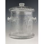William Yeoward, a clear cut glass ice bucket and cover, side handles, engraved palm tree and scroll