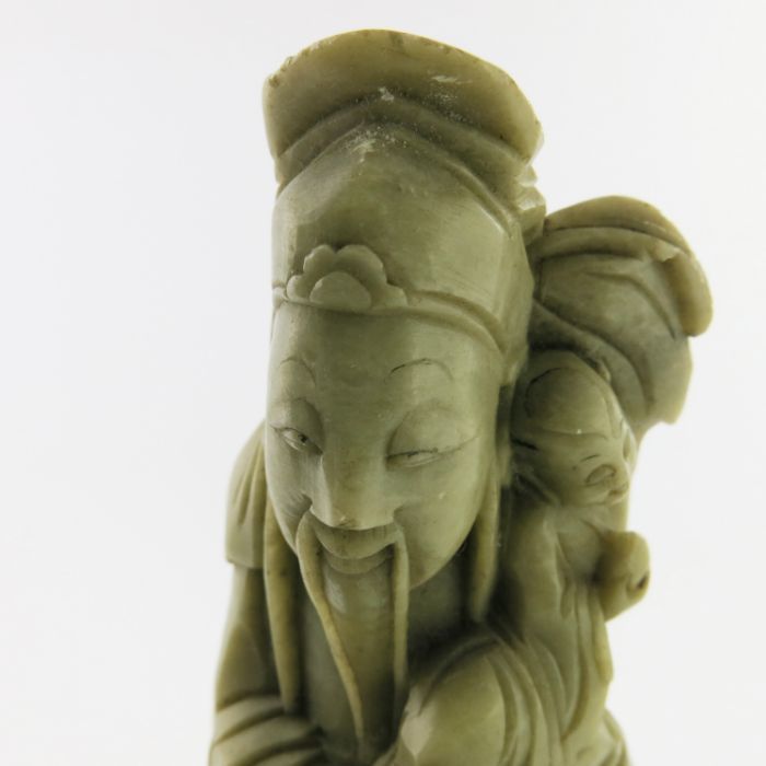 A Chinese soapstone carving, in the form of five robed figures mounted upon a rocky outcrop, 34cm - Image 9 of 14
