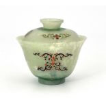 A Chinese pale jade covered rice bowl, footed cover, the main vessel of slightly flared form, enamel