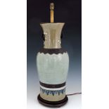 A large Chinese vase converted to a lamp base, shouldered form, bands of craquelure celadon glaze