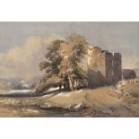 Follower of Samuel Prout, abbey ruins with figures, watercolour, 19 by 12cm, with four other