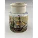 A Prattware meat paste jar circa 1850, shouldered cylindrical form, polychrome printed decoration in