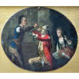 English School, late 18th Century, The Quack Dentist, oil on metal, oval, 16 by 19cm, gilt frame