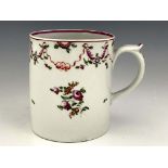 A New Hall quart mug or porter tankard, cylindrical form, Chinese famille rose style decoration of