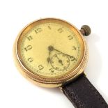An 18 carat gold wristwatch, circa 1920, 17 jewel manual wind movement, on leather strap