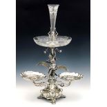 WMF, a large Jugendstil silver plates and glass three tier epergne, modelled with a maiden in the