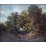 English School, mid 19th Century, a wooded landscape with figures carrying straw and a dog, oil on