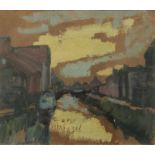 Norman Laycock (British, 1920-1985), canal scene at sunset, signed l.l., oil on board, 16.5 by 24cm,